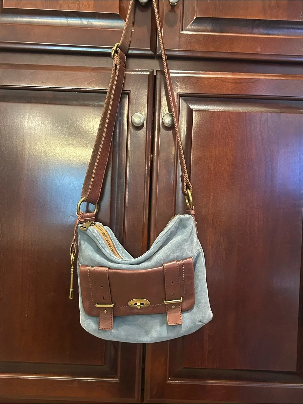 Fossil Long Live Vintage Blue Suede Leather Crossbody Shoulder Bag Key Charm